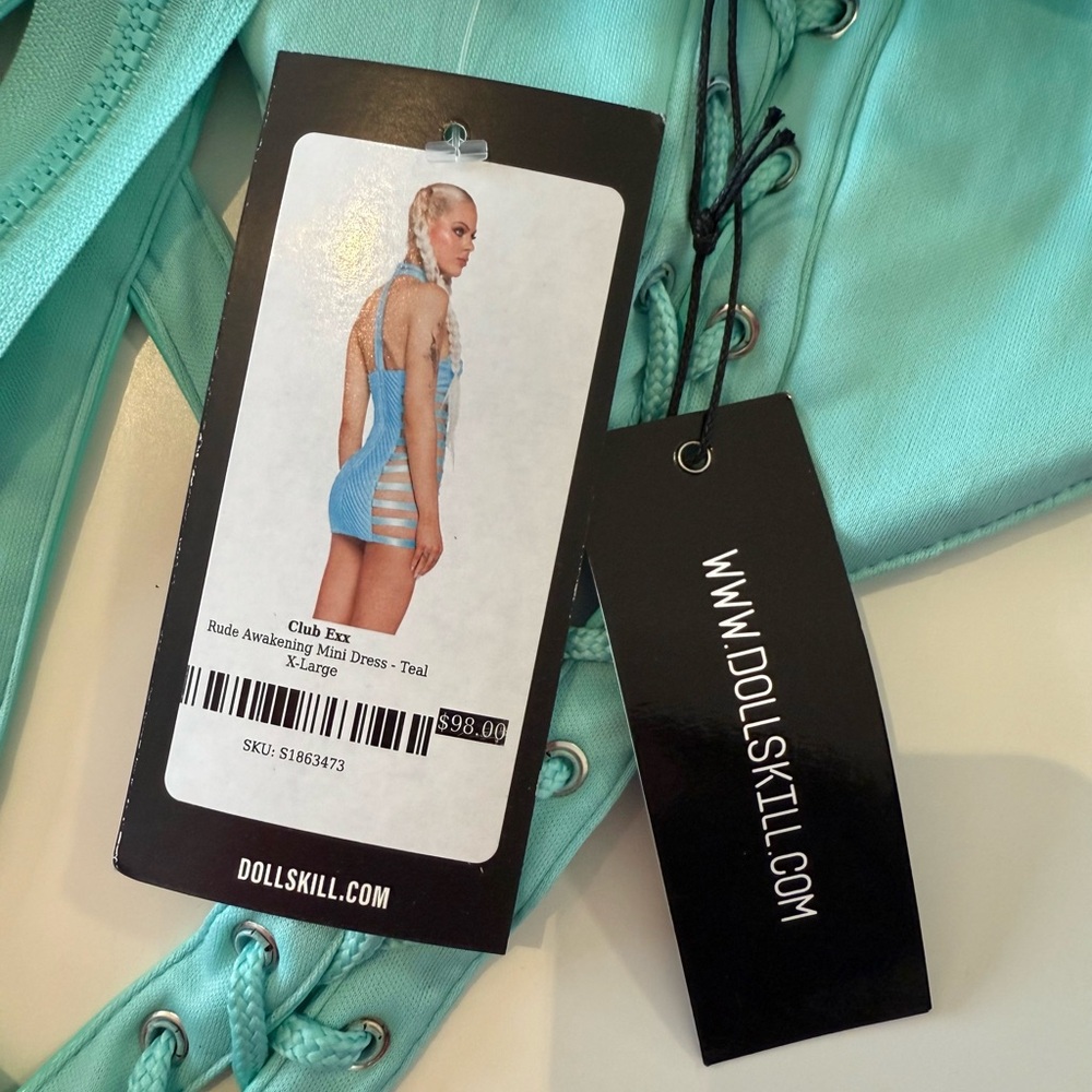 🌷NWT Dolls Kill Rude Awakening Mini Dress - Teal XL - Picture 2 of 9
